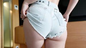 PAWG Pornstar Misha Cross gives herself a jeans shorts wedgie
