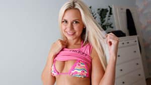 Extremely Hot Blonde flashes her small tits in a sexy bra