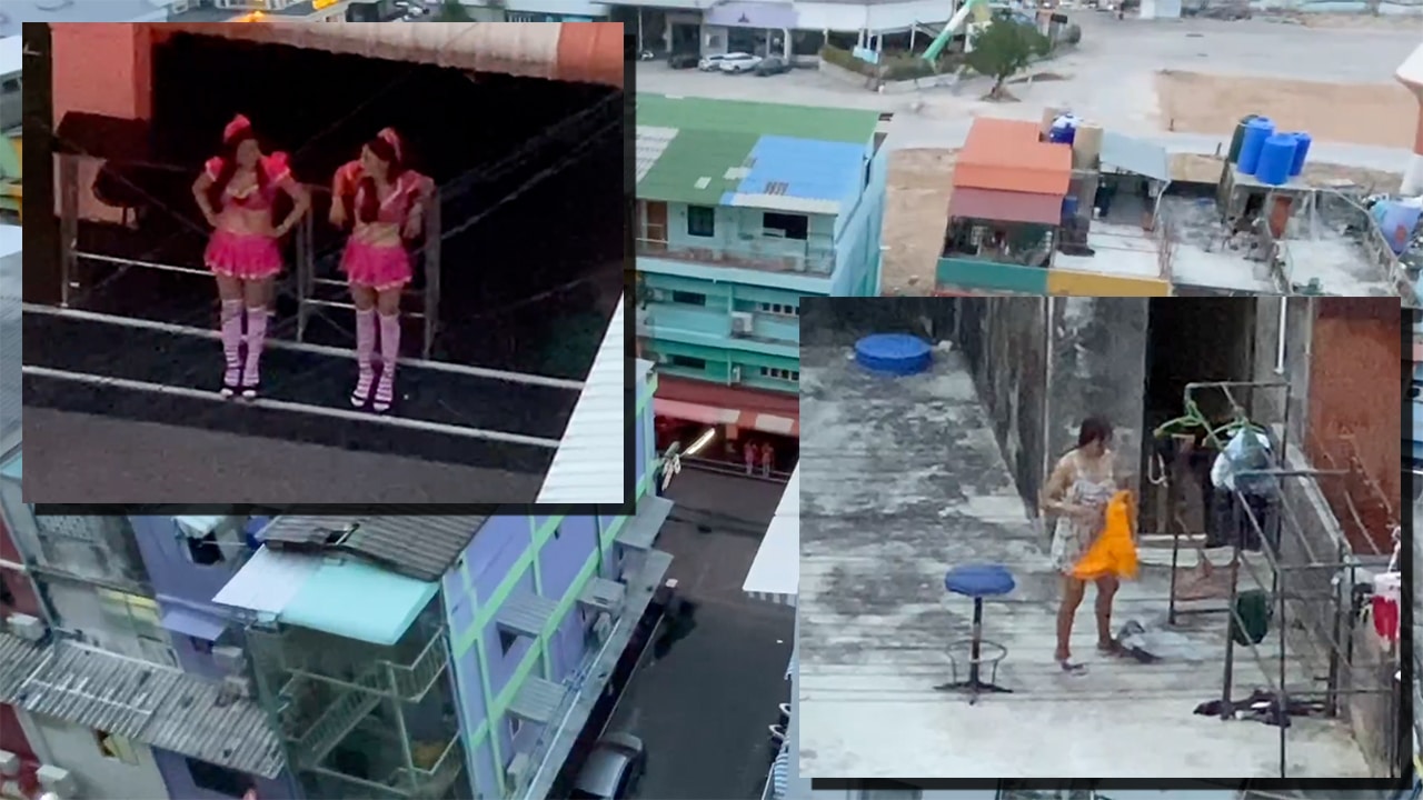 Thai Girls Outside Viewed From Rooftop