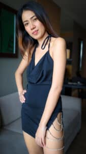 Benny standing slim in sexy black fuck me dress