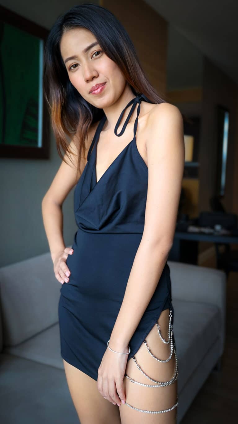 Benny standing slim in sexy black fuck me dress