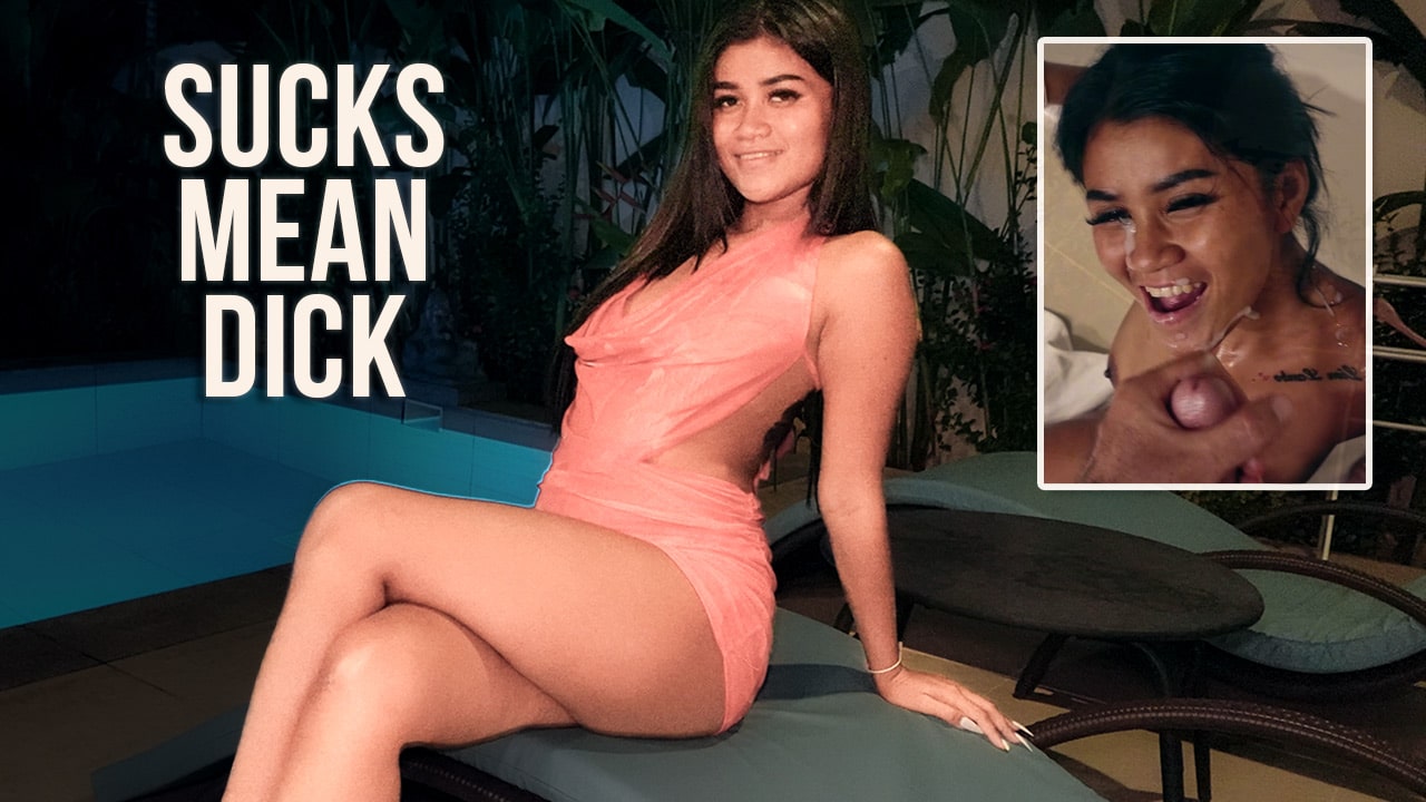 Sexy Asian Blowjob lover poses in short skirt next to the pool