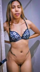 Bottomless Asian with skinny body named Michi in shower taking off bra
