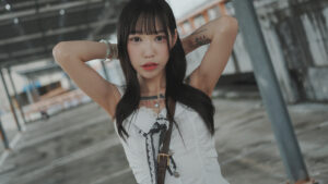 Posing outdoors with arms up